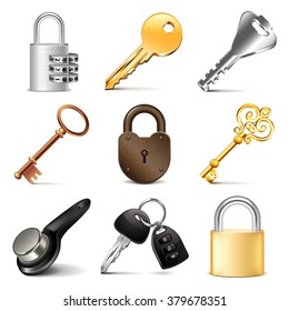 Keys and locks icons detailed photo realistic vector set