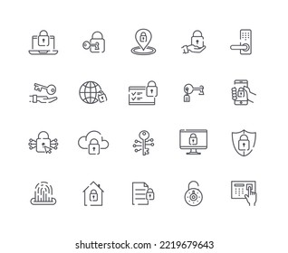 Keys and locks icons set. Collection of graphic elements for website. Interface for programs and apps. Authentication and Authorization. Cartoon flat vector illustrations isolated on white background