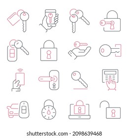  Symbole werden mit Tasten und Locks gesetzt.  Schlüssel und Locks Paket-Vektorelemente für Infografik-Web