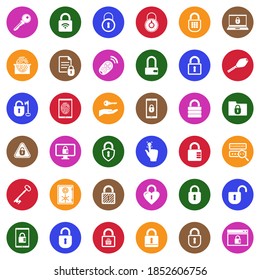 Keys And Locks Icons. White Flat Collection In Circle. Vector Illustration.
