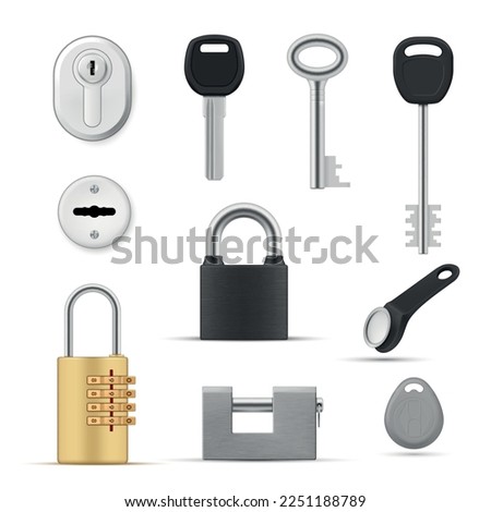Keys with locks keyholes set realistic vector illustration. Closed metallic padlocks with secret number combination privacy protection for door access secret encryption security equipment entrance
