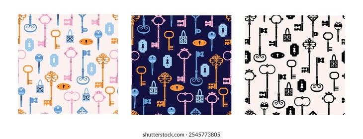 Keys locks and keyholes vector seamless pattern set. Hand drawn colored keys. Various vintage, security, antique and modern keys with ornate heads vector illustration isolated on background