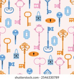 Keys locks and keyholes vector seamless pattern set. Hand drawn colored keys. Various vintage, security, antique and modern keys with ornate heads vector illustration isolated on background