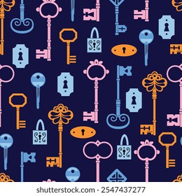 Keys locks and keyholes vector seamless pattern set. Hand drawn colored keys. Various vintage, security, antique and modern keys with ornate heads vector illustration isolated on background