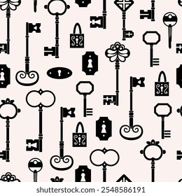 Keys locks and keyholes vector seamless pattern. Hand drawn silhouette keys. Various vintage, security, antique and modern keys with ornate heads vector illustration isolated on background