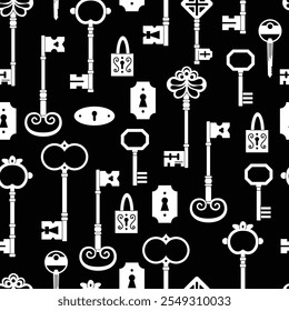 Keys locks and keyholes vector seamless pattern. Hand drawn silhouette keys. Various vintage, security, antique and modern keys with ornate heads vector illustration isolated on background