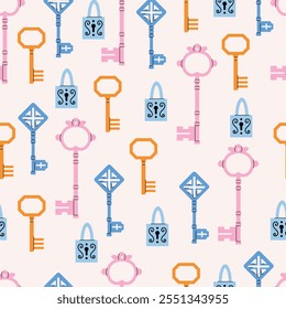 Keys locks and keyholes vector seamless pattern set. Hand drawn colored keys. Various vintage, security, antique and modern keys with ornate heads vector illustration isolated on background