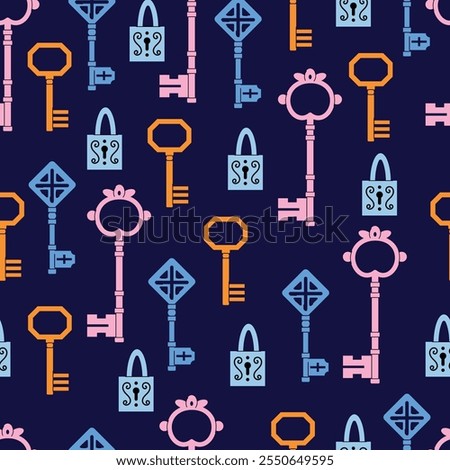 Keys locks and keyholes vector seamless pattern set. Hand drawn colored keys. Various vintage, security, antique and modern keys with ornate heads vector illustration isolated on background