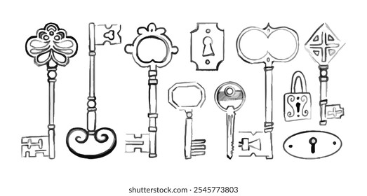 Keys locks and keyholes vector set. Hand drawn outline, line art keys. Various vintage, security, antique and modern keys with ornate heads vector illustration isolated on background