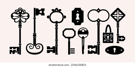 Keys locks and keyholes vector set. Hand drawn silhouette keys. Various vintage, security, antique and modern keys with ornate heads vector illustration isolated on background