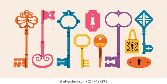 Keys locks and keyholes vector set. Hand drawn colored keys. Various vintage, security, antique and modern keys with ornate heads vector illustration isolated on background