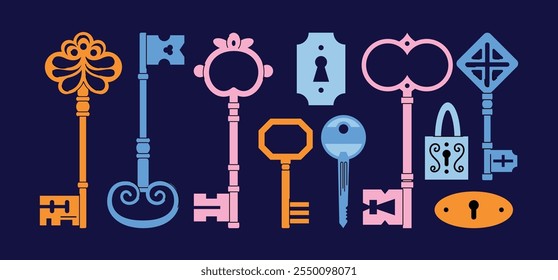 Keys locks and keyholes vector set. Hand drawn colored keys. Various vintage, security, antique and modern keys with ornate heads vector illustration isolated on background