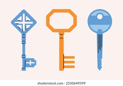 Keys locks and keyholes vector set. Hand drawn colored keys. Various vintage, security, antique and modern keys with ornate heads vector illustration isolated on background