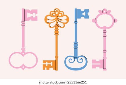 Keys locks and keyholes vector set. Hand drawn colored keys. Various vintage, security, antique and modern keys with ornate heads vector illustration isolated on background