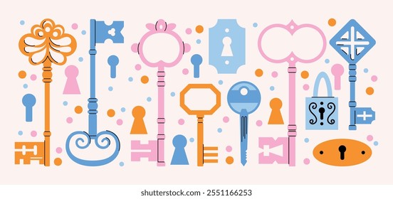 Keys locks and keyholes vector set. Hand drawn colored keys. Various vintage, security, antique and modern keys with ornate heads vector illustration isolated on background