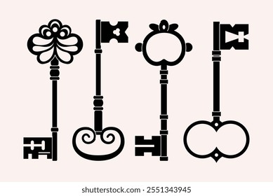 Keys locks and keyholes vector set. Hand drawn silhouette keys. Various vintage, security, antique and modern keys with ornate heads vector illustration isolated on background