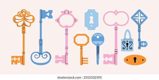 Keys locks and keyholes vector set. Hand drawn colored keys. Various vintage, security, antique and modern keys with ornate heads vector illustration isolated on background