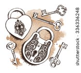 Keys and locks over watercolor background. Isolated Vector illustration. Heart shaped padlock with wings in vintage engraved style with elegant keys. Coloring book page for kids and adults