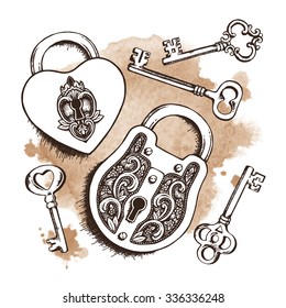 Keys and locks over watercolor background. Isolated Vector illustration. Heart shaped padlock with wings in vintage engraved style with elegant keys. Coloring book page for kids and adults