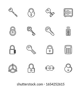 Teclas, bloqueos, iconos de esquema de bloqueo de seguridad - Símbolo negro en fondo blanco. Teclas, Bloques, Padlock Simple Illustration Symbol - Signo de simplicidad alineado. Icono de línea delgada del vector plano - trazo editable