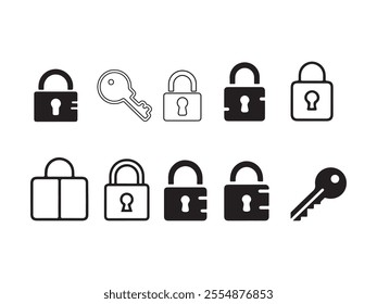 Keys and Locks. Set of outline vector icons. Includes such as Car Keys icon vector silhouetee on white background.