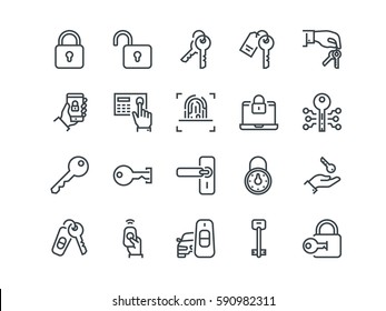 Keys and Locks. Set of outline vector icons. Includes such as Car Keys, Fingerprint and other. 48x48 Pixel Perfect.