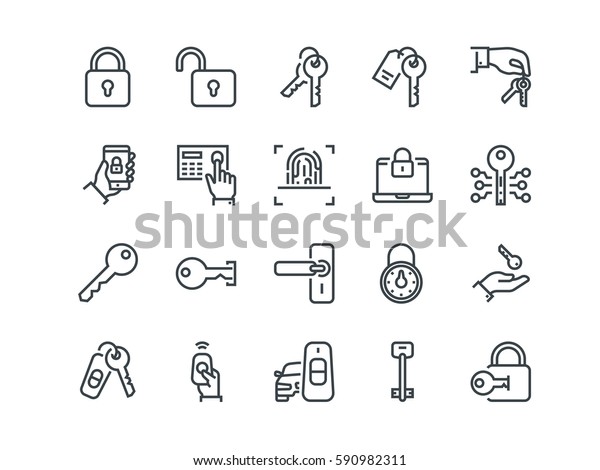 Keys and Locks. Set of outline vector icons.\
Includes such as Car Keys, Fingerprint and other. Editable Stroke.\
48x48 Pixel Perfect.