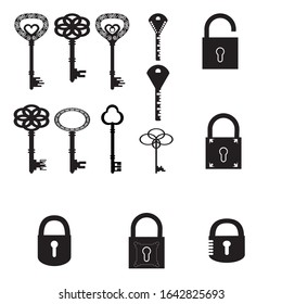 Keys and locks silhouette. Vector set of fourteen images. Isolated white background. Elements for web design. EPS 10 format.