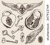 Keys and locks Vector illustration. Heart shaped padlock with wings in vintage engraved style with elegant keys. Coloring book page for kids and adults