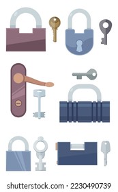Keys and locks vector illustration set. Six locks of different types, colors and shapes and the keys that open them isolated on white background. Security concept