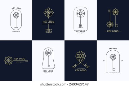 Keys logo. Endless looping ornate key badges for real estate company, decorative security symbol. Vector key decorative emblem set. Luxury style, equipment for opening house or apartment door