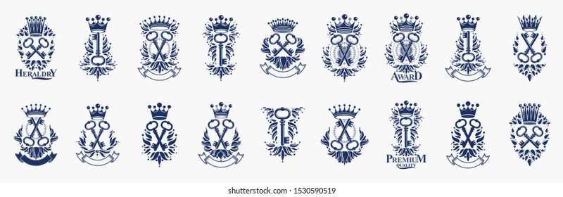 Keys logos big vector set, vintage heraldic turnkeys emblems collection, classic style heraldry design elements, ancient designs. secret.