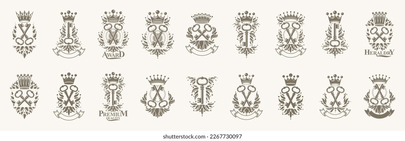 Keys logos big vector set, vintage heraldic turnkeys emblems collection, classic style heraldry design elements, ancient designs. secret.