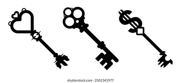Keys in old style. Black silhouettes of different keys. Vector illustration isolated on white background.