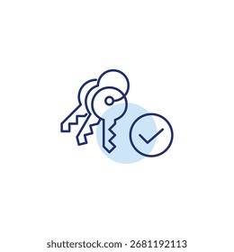 Llaves en cadena y marca de verificación. Acceso seguro, desbloqueo confirmado. Icono de Vector de trazo perfecto y editable