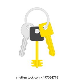 Keys on key ring isolated on white background. Illustration of bunch of golden and silver keys on keyring in flat style. Key icon cartoon design element. Security concept. 