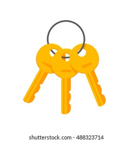 Keys on key ring vector illustration isolated on white background, bunch of golden keys on keyring, key chain icon flat cartoon style