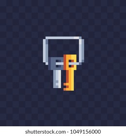 Keys on keyring pixel art style. Icon of door keys or car keys. Concept for the purchase of real estate or realtor services logo. Decorative element design for web, mobile app. Game assets 8-bit.