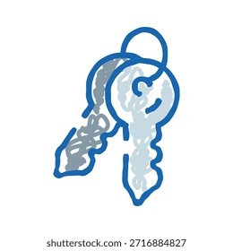 Llaves en un anillo en el arte azul de la línea del doodle, que simboliza la seguridad, el acceso, la propiedad del hogar y de la propiedad, desbloqueando las oportunidades, la protección y el concepto minimalista de la unión
