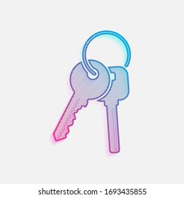 keys on the ring icon. Colored logo with diagonal lines and blue-red gradient. Neon graphic, light effect