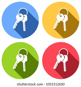 keys on the ring icon. Set of white icons with long shadow on blue, orange, green and red colored circles. Sticker style