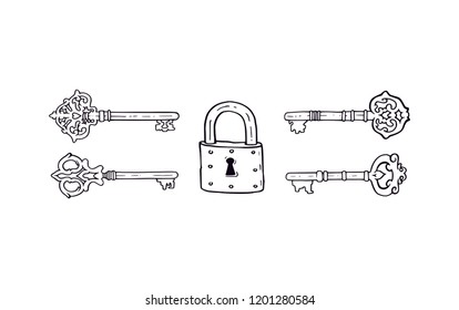 Keys and padlock black outline vector illustration. Old and retro key and big metal lock sketch silhouette illustration. Set of keys. Simple padlock mechanism.