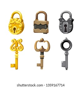 Keys and Padlocks vector set. Illustration in cartoon colourful style. Isolated on white background - Vector