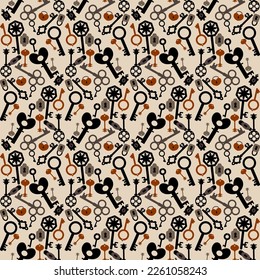 Keys pattern. Vector endless texture on beige background. For fabric print, wall paper, wrapping paper, notebook cover.