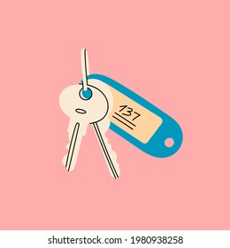 Keys with plastic Keychain. Keyholder and keyring. Modern keys with pendants. Hand drawn Vector illustration. Home rental, property, real estate concept. Print or poster template