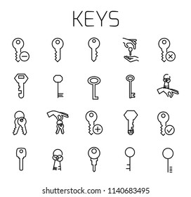 Keys related vector icon set. Well-crafted sign in thin line style with editable stroke. Vector symbols isolated on a white background. Simple pictograms.