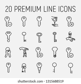 Keys related vector icon set. Well-crafted sign in thin line style with editable stroke. Vector symbols isolated on a white background. Simple pictograms