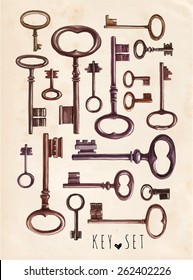 Keys retro set . Collection of highly detailed hand drawn different old keys