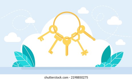 Keys with the ring. Key set. Bunch of keys. House apartment rental or sale concept. The concept of privacy, security and protection. Flat style. Vector business illustration.