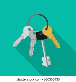 Keys with ring. Vector flat banner with bunch of keys.
